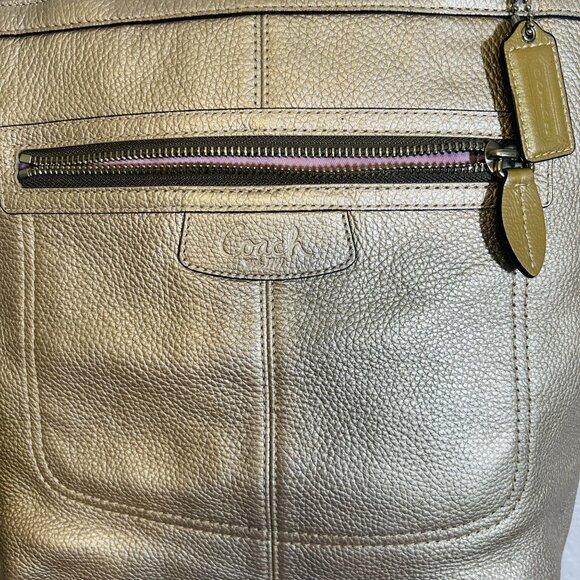 Coach L Shoulder Bag Pebbled Leather Metallic Silver Purse Tote Duo Handles - Picture 3 of 16